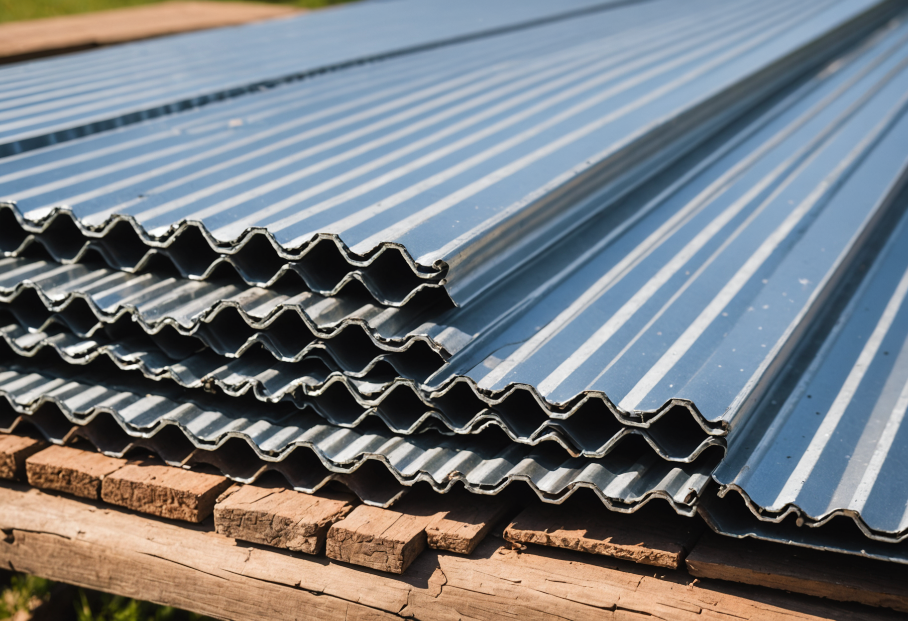 Stack of corrugated metal roofing panels on a job site ready for installation