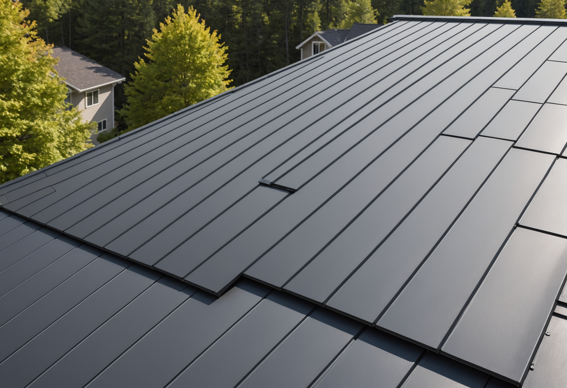Close-up of standing seam metal roof panels with crisp parallel ridgelines