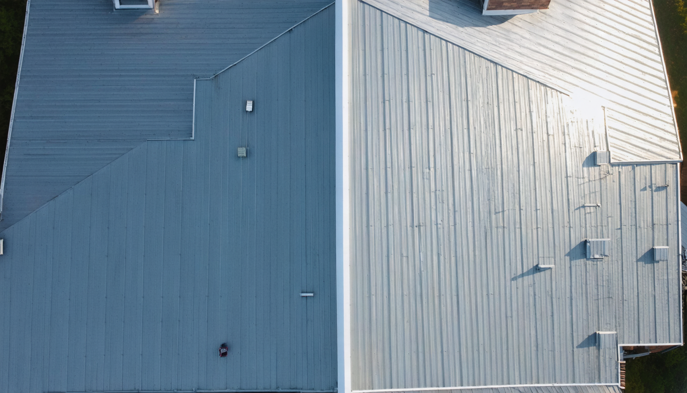 Aerial view of a completed metal roof with clean geometric lines on a residential home