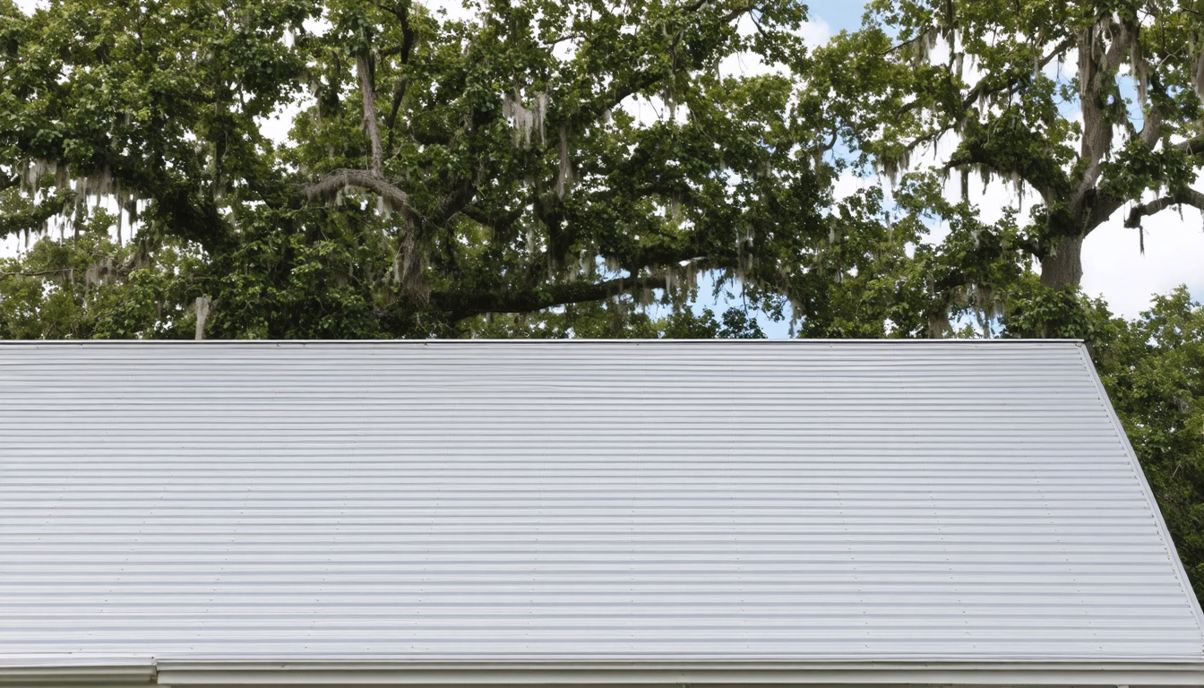 Overcast sky above a newly installed standing seam metal roof showing true Galvalume material color
