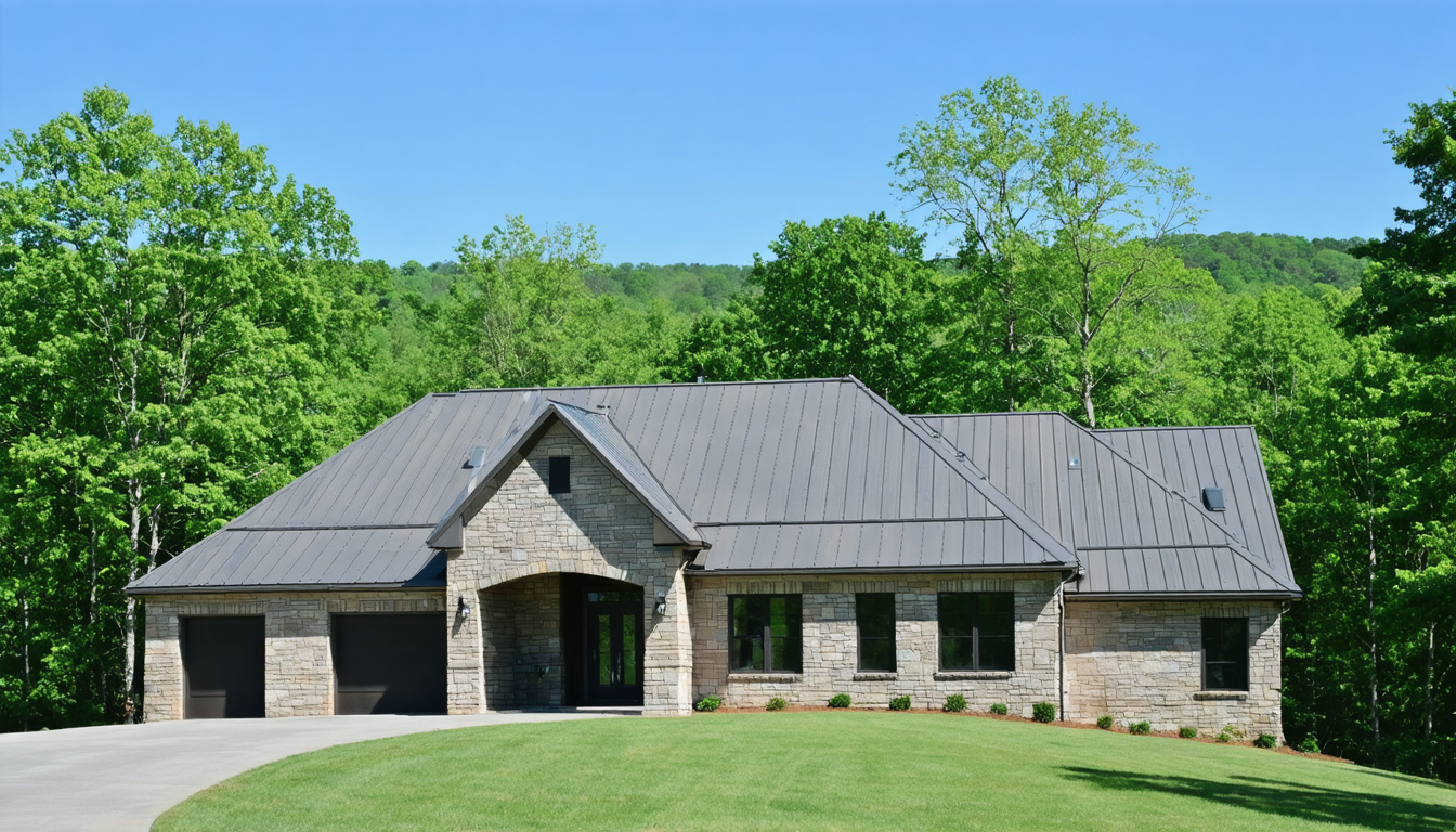 Freshly installed standing seam metal roof on a residential home in Northwest Arkansas under bright daylight
