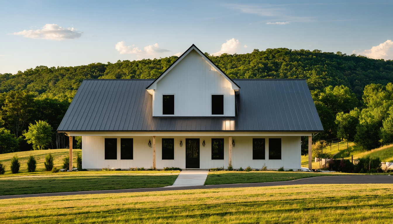 Freshly installed metal roof on a residential home under bright Arkansas daylight with clean geometric ridgelines