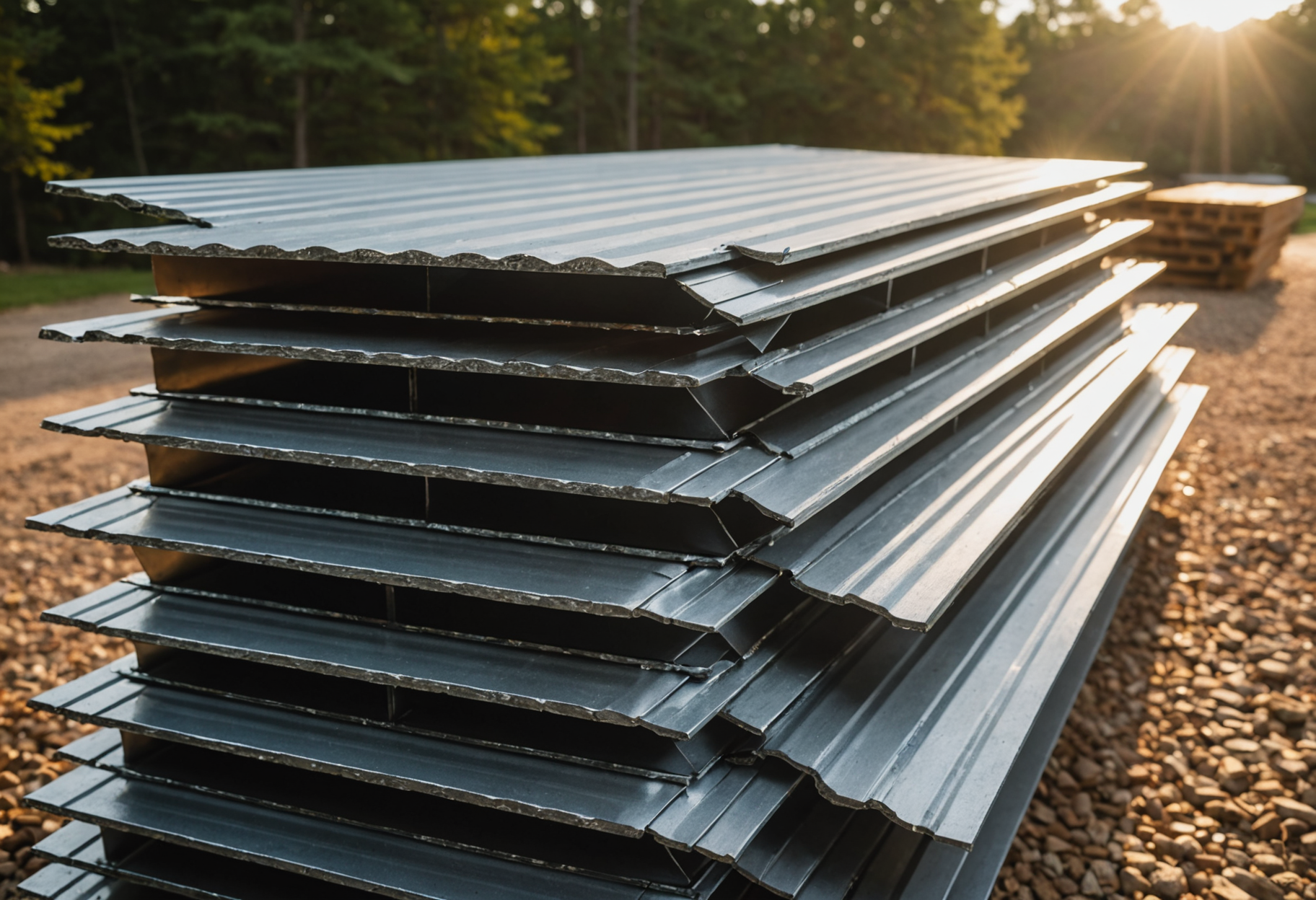 Corrugated metal roofing panels stacked on a job site ready for installation