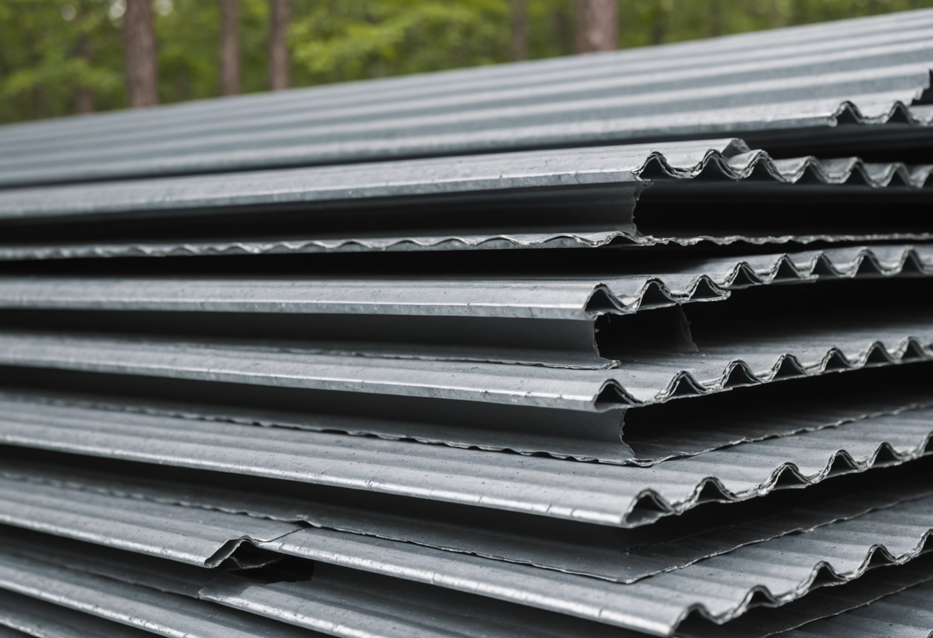 Stack of corrugated metal roofing panels on a job site ready for installation