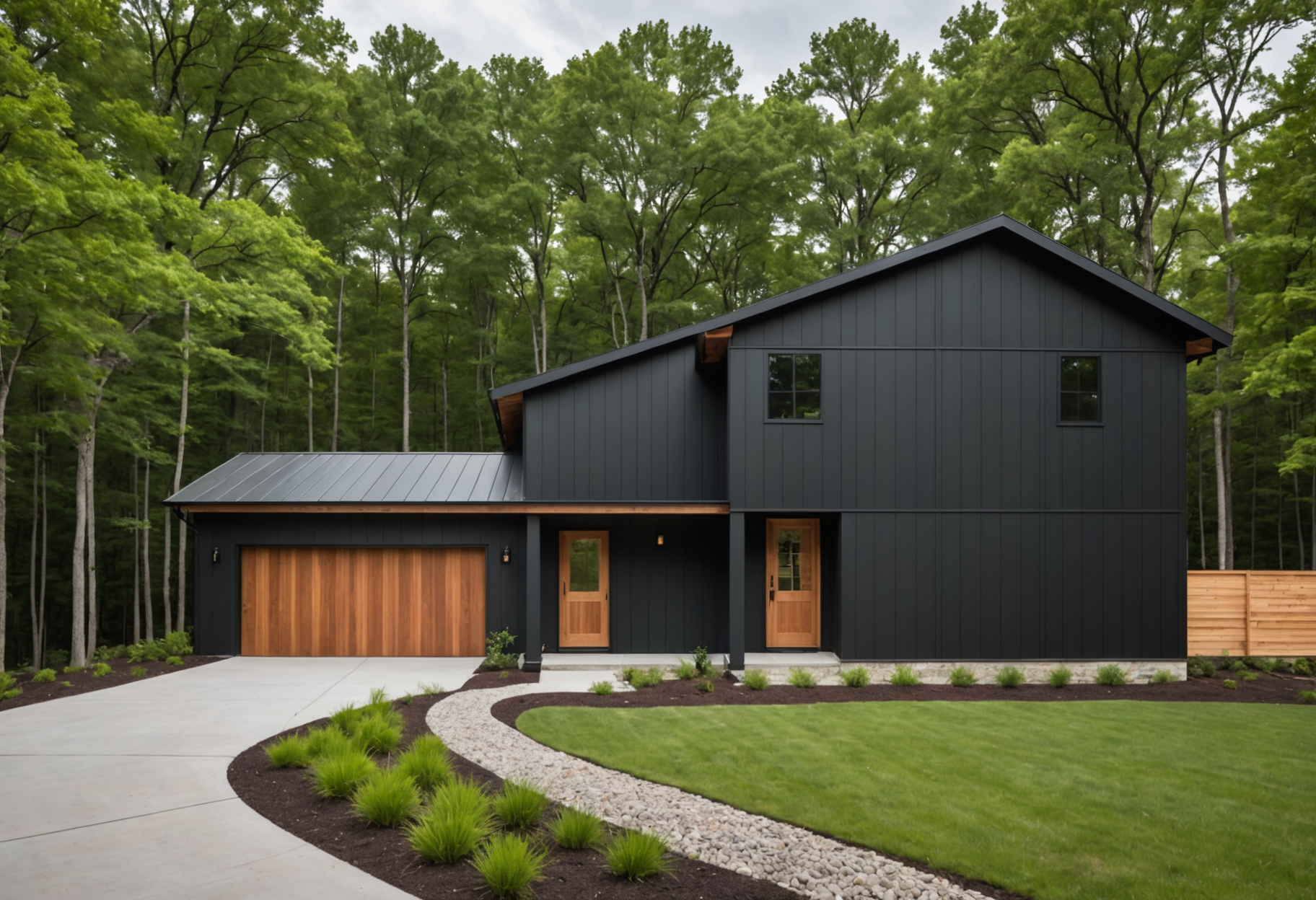 Metal siding on a modern farmhouse exterior in natural light with clean vertical board-and-batten profile