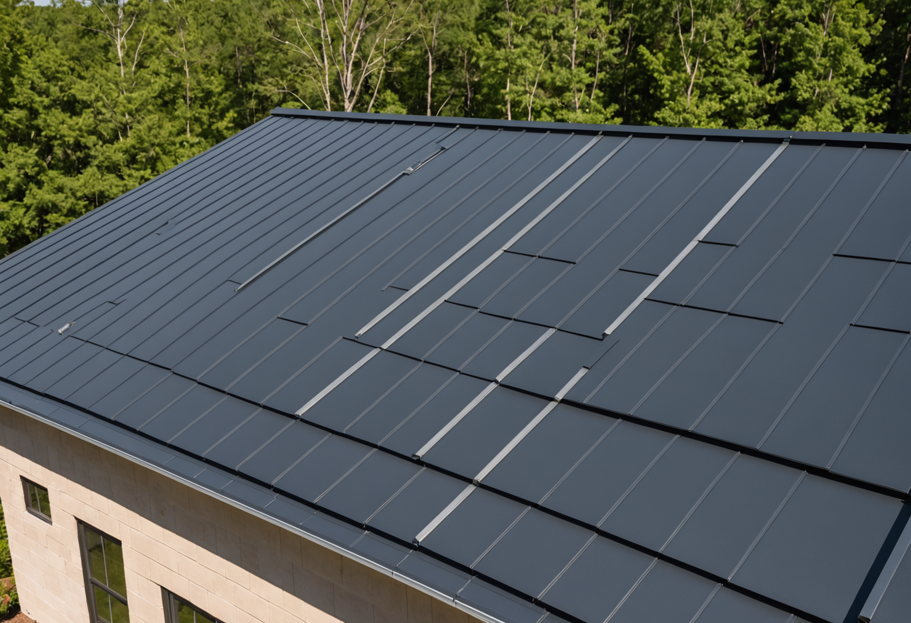 Close-up of standing seam metal roof panels with crisp parallel ridgelines under bright daylight